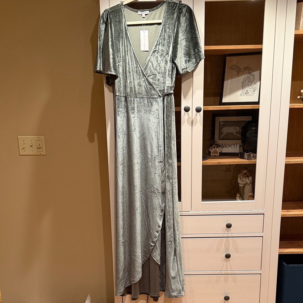 NWT- Baltic Born, Flutter-sleeved Sage Green velvet Wrap Maxi Dress